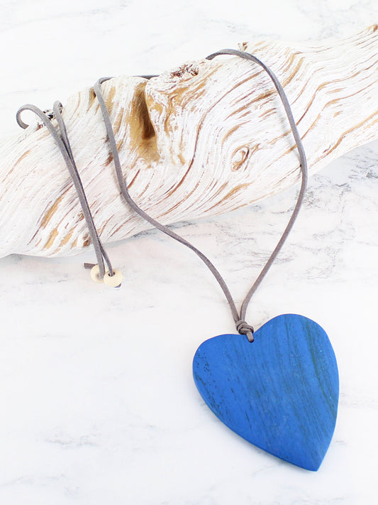 Large wooden blue heart bead adjustable cord necklace by Suzie blue