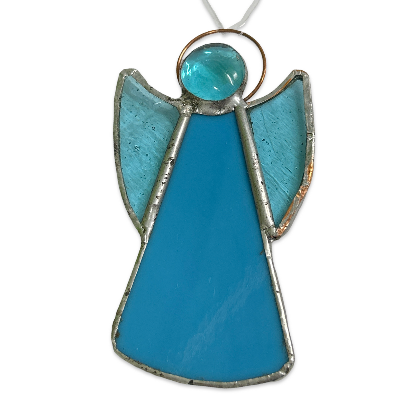 Perc's stained glass guardian angel hanging decoration in blue. Handmade in Norfolk.