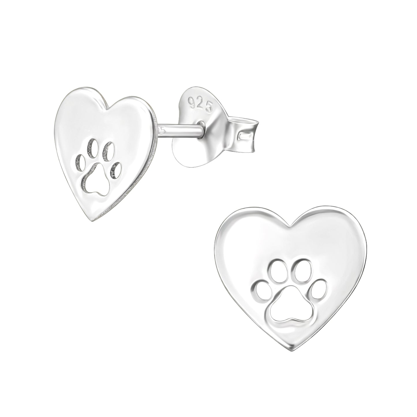 Heart paw print sterling silver stud earrings