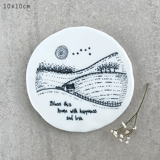 Bless this home with happiness & love. Round ceramic coaster