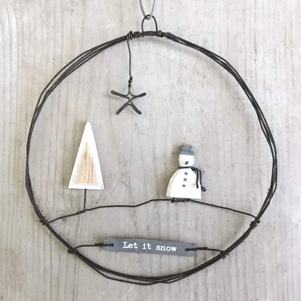 Hanging metal snowman wreath ‘let it snow’ by East of India
