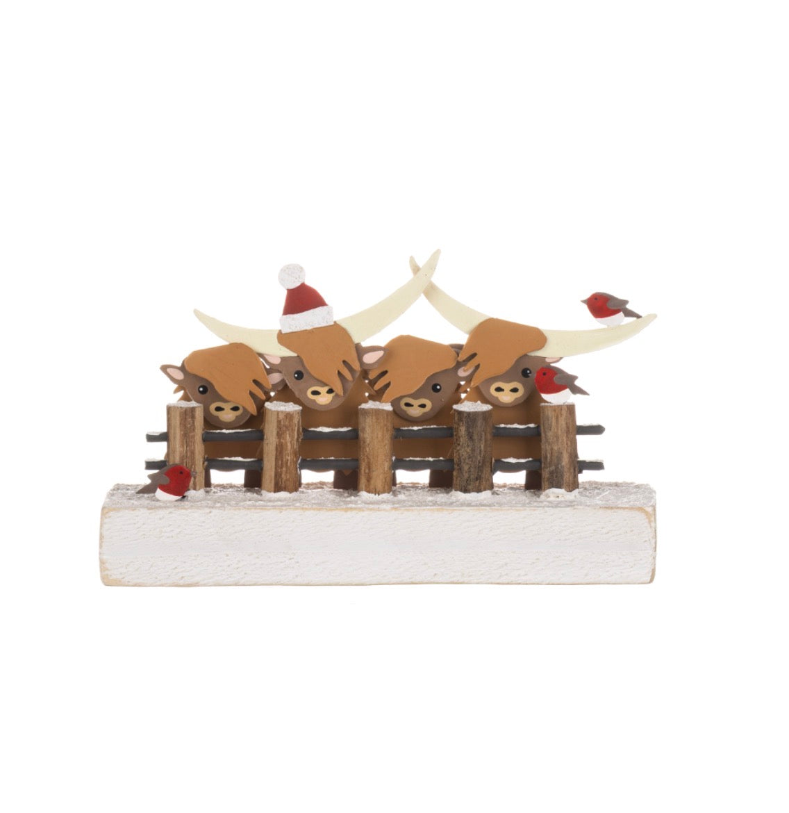 Highland Coos Looking Over a Snowy Fence standing ornament