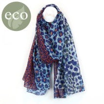 100% Recycled navy blue and red mix multi colouredprint scarf