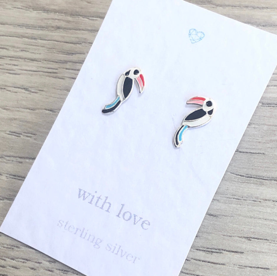Toucan enamel and sterling silver stud earrings
