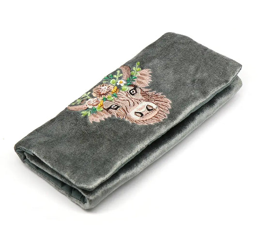 Seafoam highland cow embroidered velvet jewellery roll