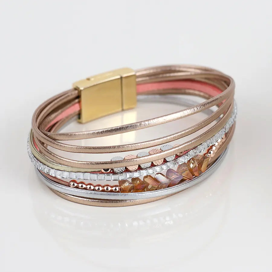 Rose gold, silver, pink mix multistrand and bead bracelet