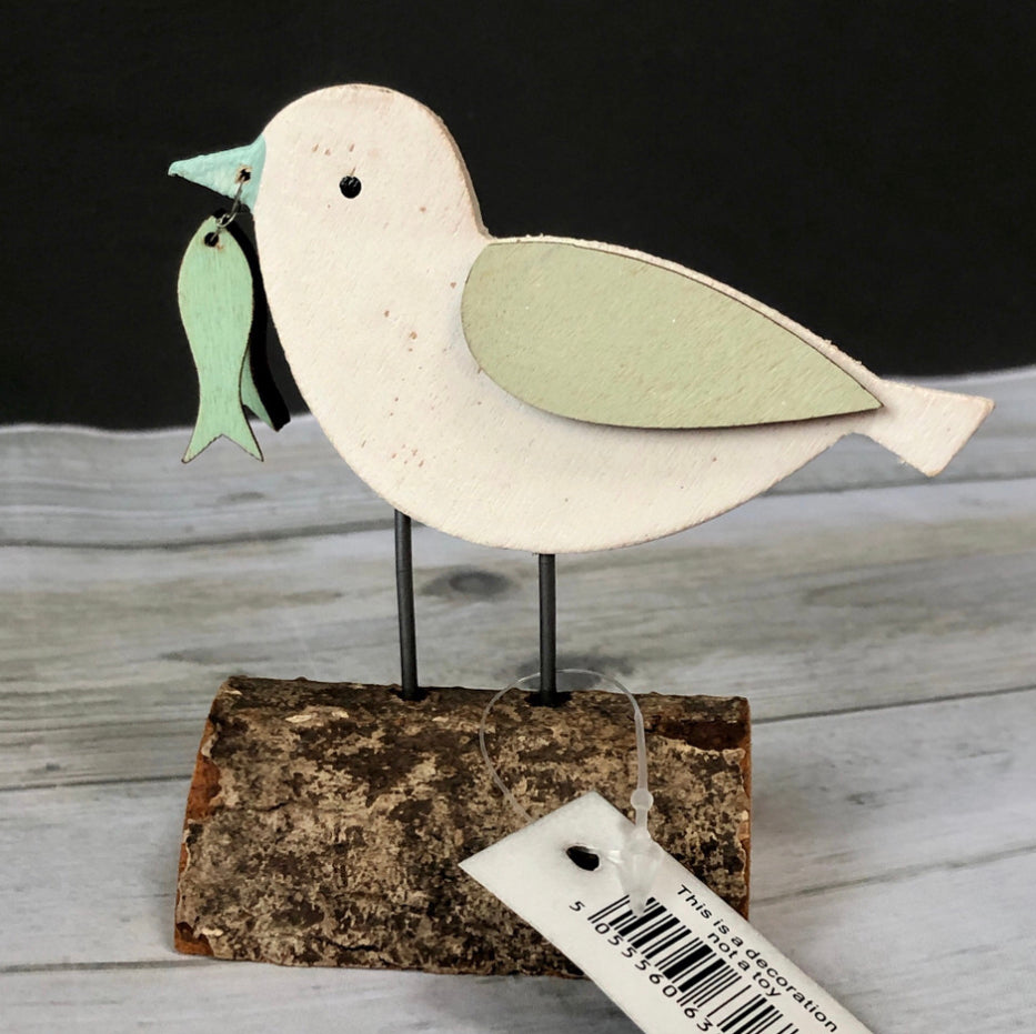 Seagull with his catch wooden ornament by shoeless Joe