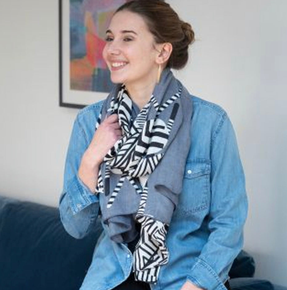 Graphic zebra print scarf with grey border by POM