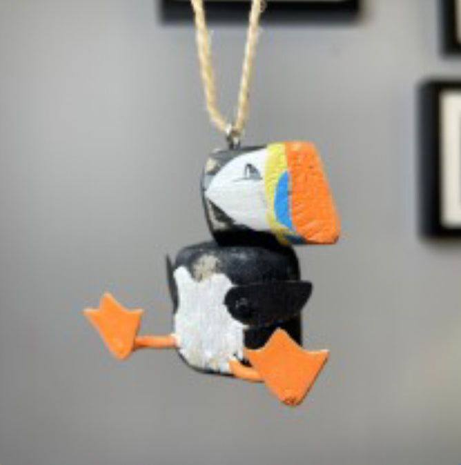 Wooden puffin sitting or standing hanging ornament by Shoeless Joe