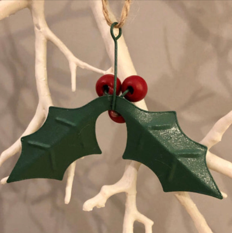 Hanging holly Christmas decorations by Shoeless Joe