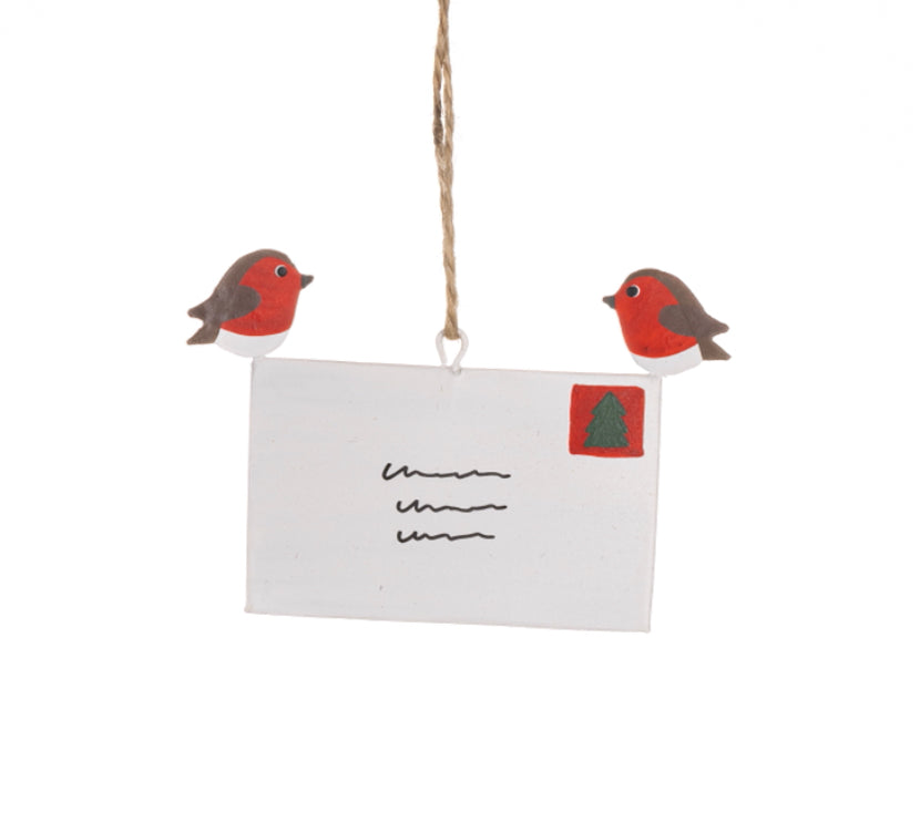 Delivering the Christmas card. Robin hanging Christmas decoration by Shoeless Joe