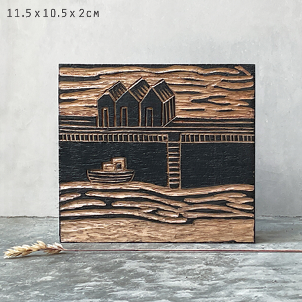 Hand carved wooden block of harbour by East of India