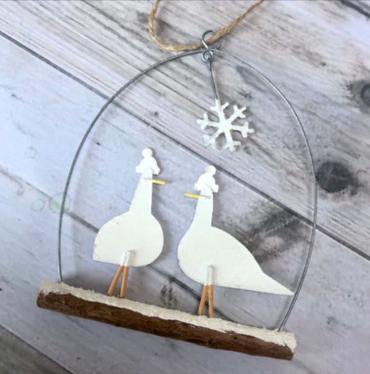 Two seagulls in Christmas hats , hanging decoration by Shoeless Joe