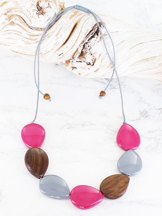 Resin & Wood Pebble Necklace - pink/Grey/Brown By Suzie Blue