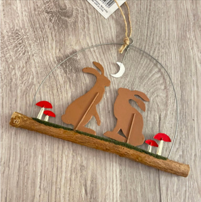 Hares on twig hanging decoration by Shoeless Joe