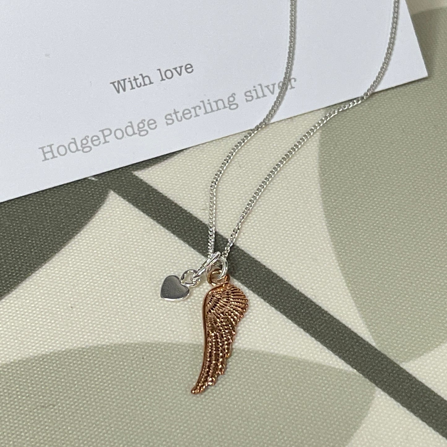 Angel wing and heart sterling silver necklace
