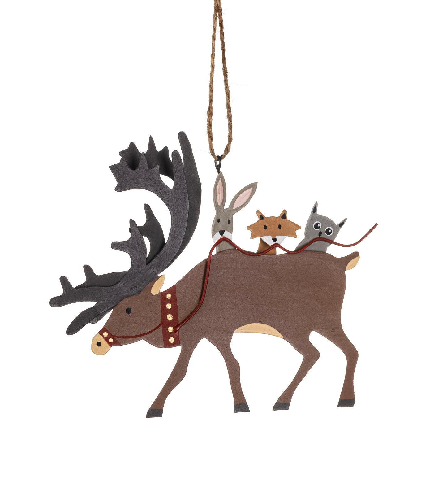 Reindeer with woodland passengers hanging Christmas tree ornament
