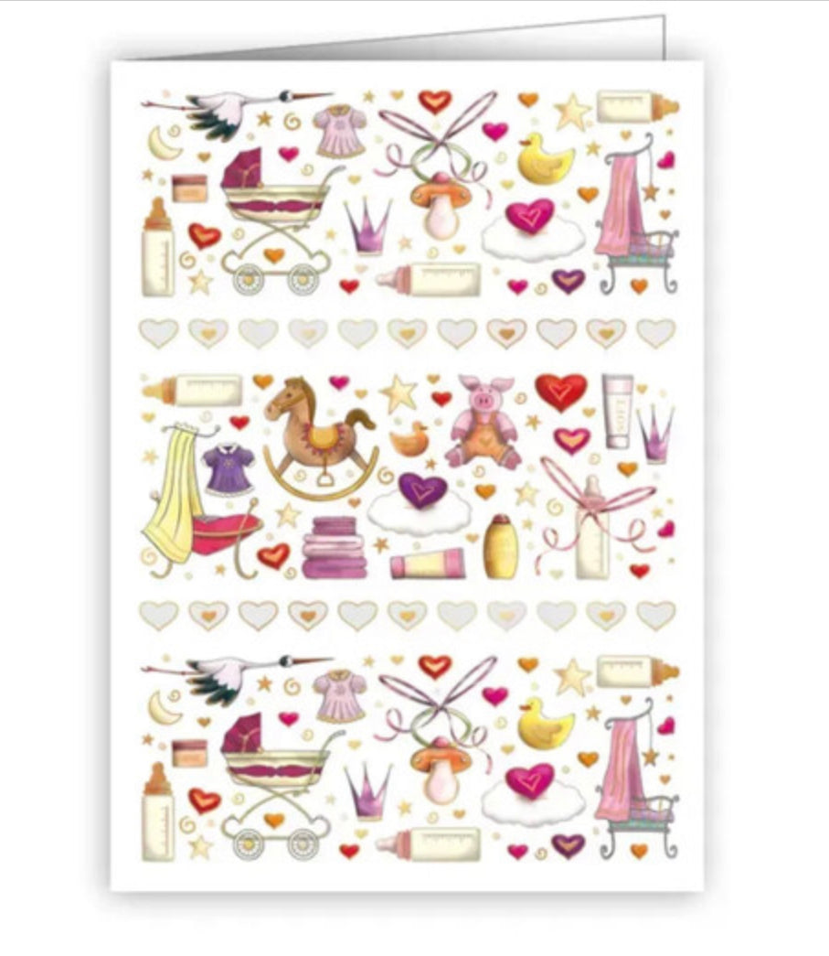 Baby Girl Icons & Hearts mini greetings card. New baby