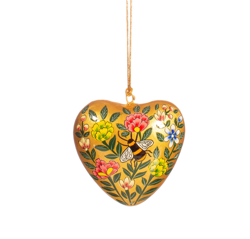 Kashmiri floral heart with Bee . Paper mache hanging decoration