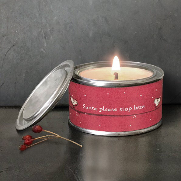 Santa please stop here . Tinned scented candle by East of India