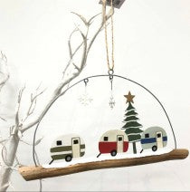 3 festive retro caravans. Hanging Christmas decoration by shoeless joe