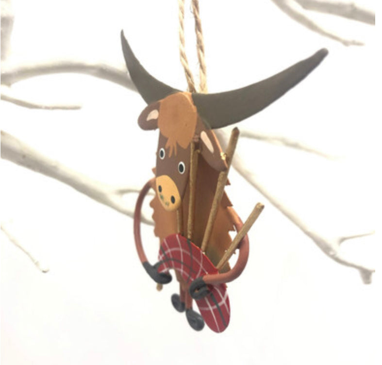 Bagpiping highland cow hanging decoration by Shoeless Joe