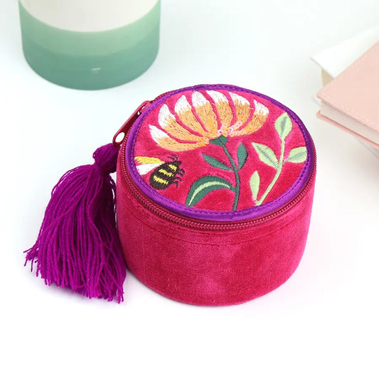 Fuchsia velvet floral bee scene trinket box