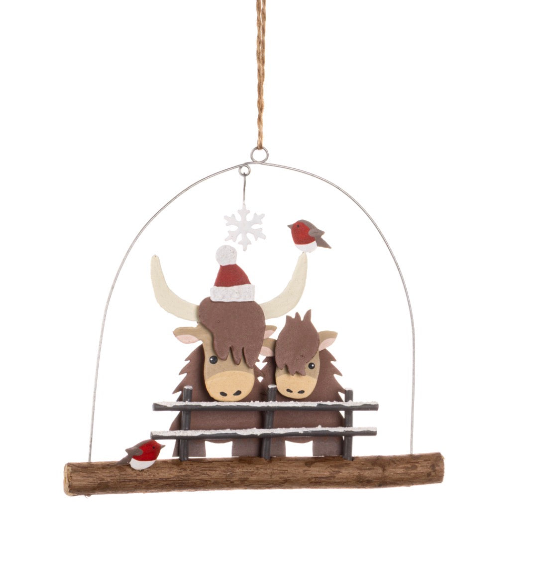 Highland Coos on a Hanging Stick Christmas decoration
