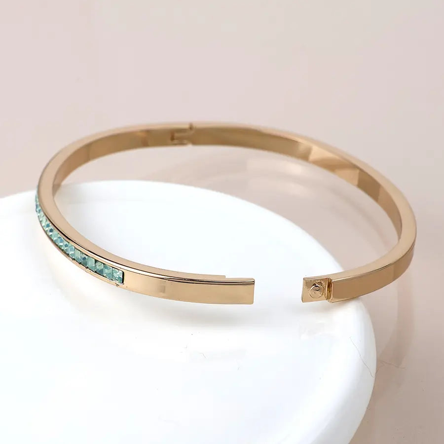 Golden green crystals hinged bangle
