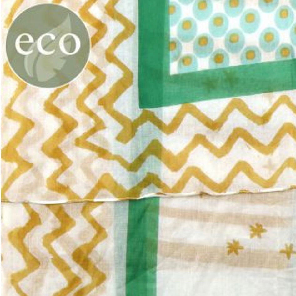 Green and mustard mix hand drawn pattern scarf 100% cotton