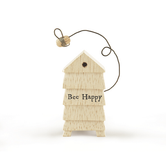 Bee happy beehive wooden ornament
