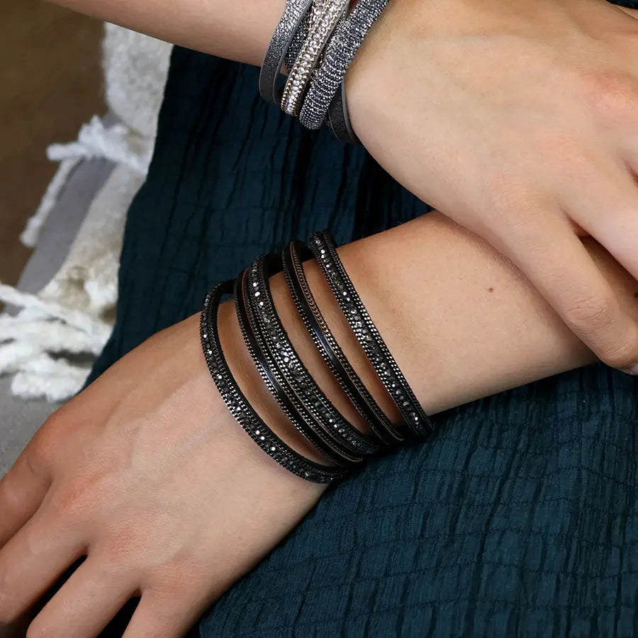 Black and bronze multi layer leather crystal cuff