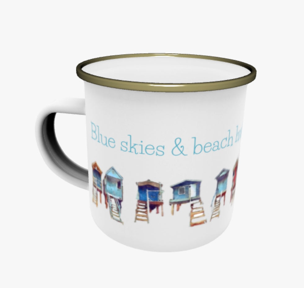Blue skies & beach huts enamel or fine bone China mug