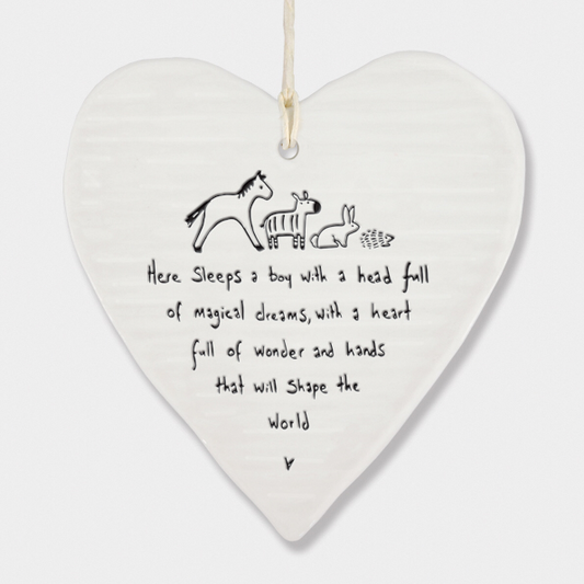 Here sleeps a boy with a head full of dreams. Porcelain hanging heart