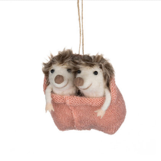 Hedgehogs in a sock sleeping bag hanging decoration by Shoeless Joe