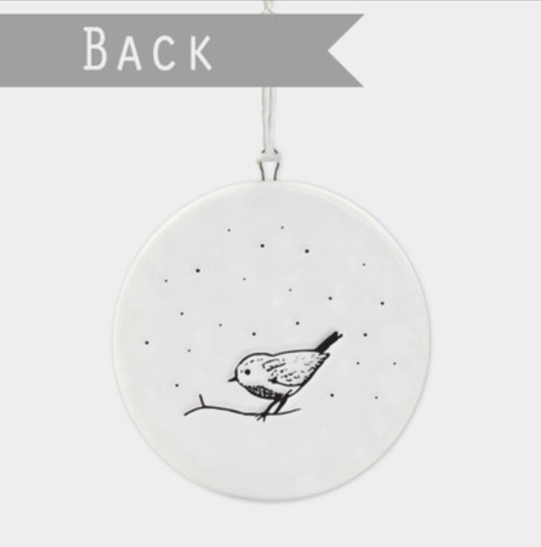 Flat porcelain bauble, Its the most wonderful time of the year. Christmas decoration by east of India
