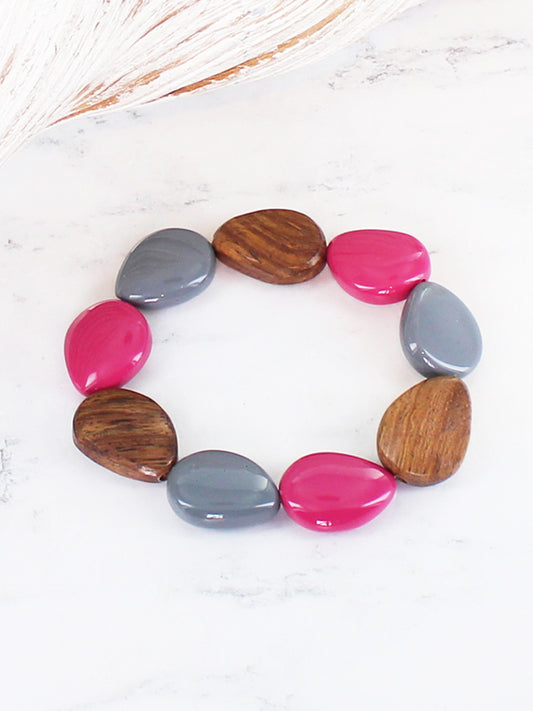 Wood & Resin Bracelet Elasticated Wooden Bracelet - Pink/Grey/Brown