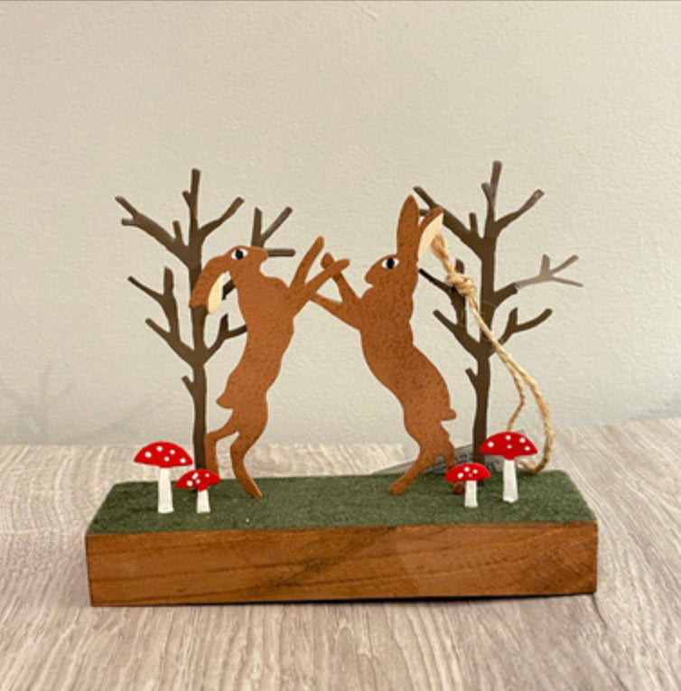 Boxing hares on block standing ornament by Shoeless Joe