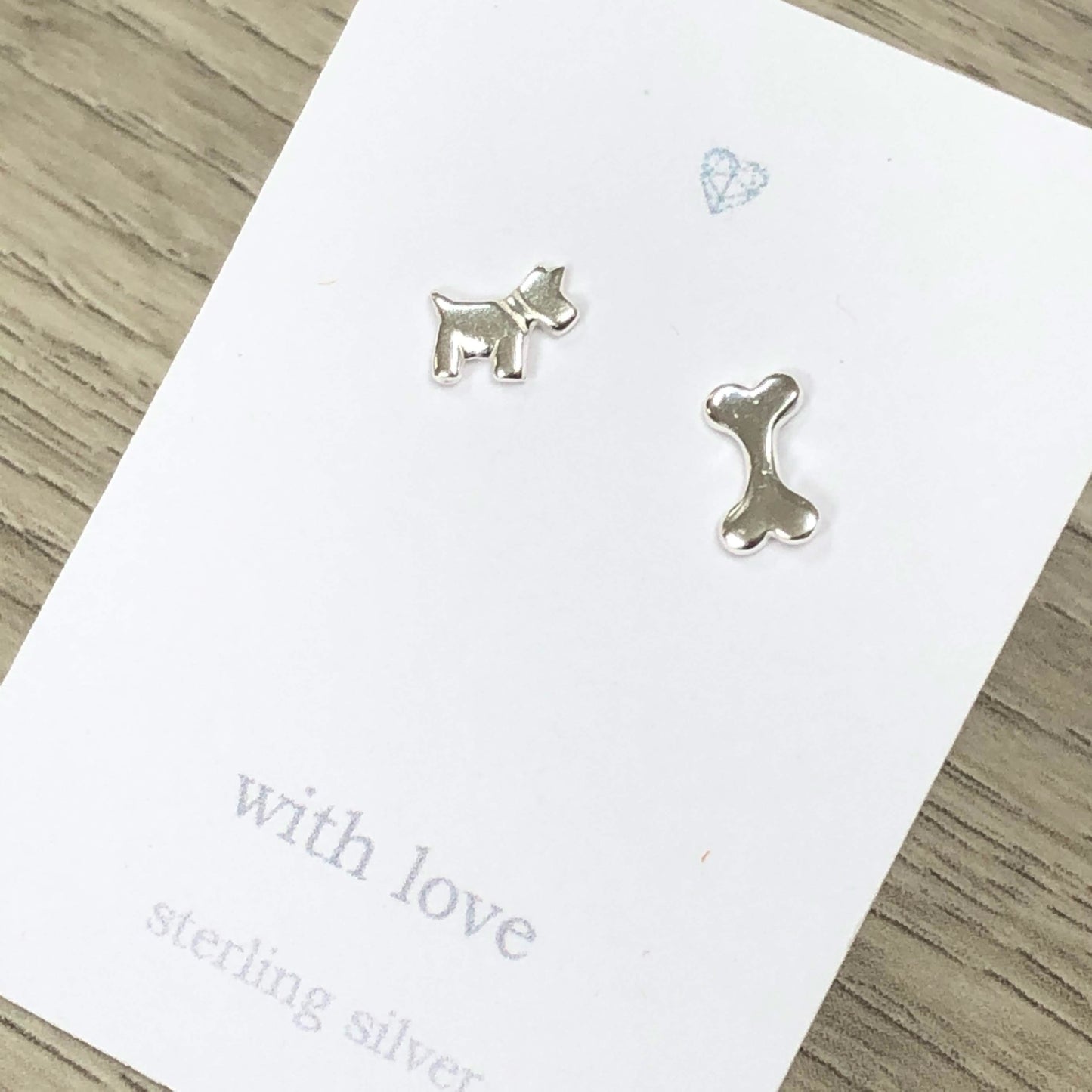 Dog and bone sterling silver stud earrings