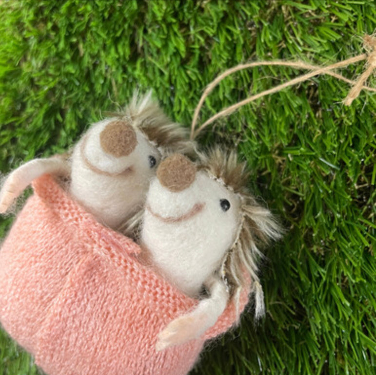 Hedgehogs in a sock sleeping bag hanging decoration by Shoeless Joe
