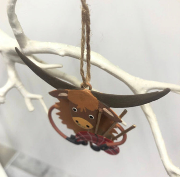 Bagpiping highland cow hanging decoration by Shoeless Joe