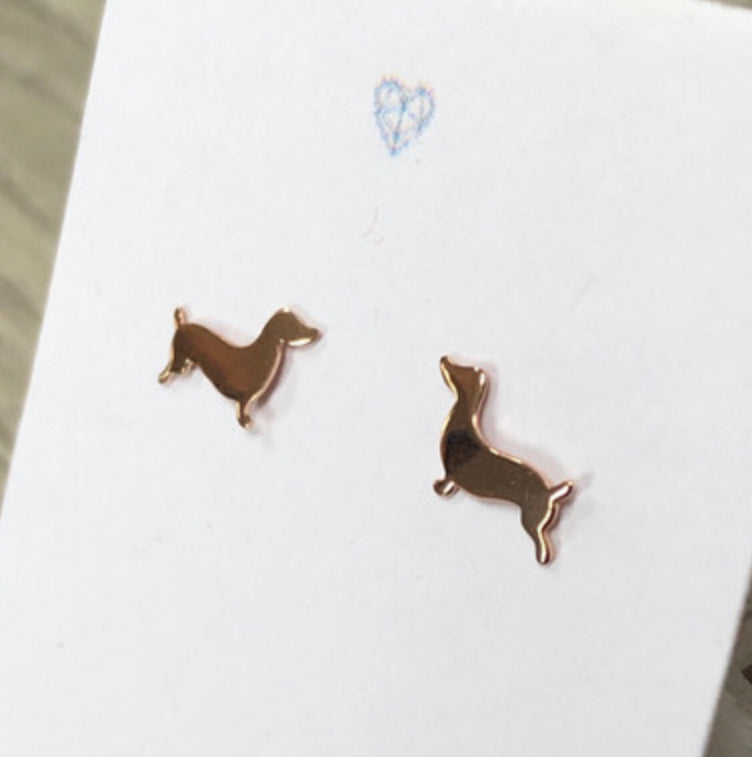 Dachshund rose gold plate, sterling silver stud earrings.Sausage dog.