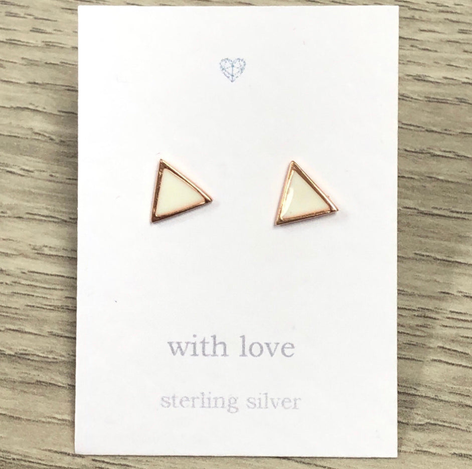 Rose gold and white enamel triangle stud earrings. Geometric design stud earrings.