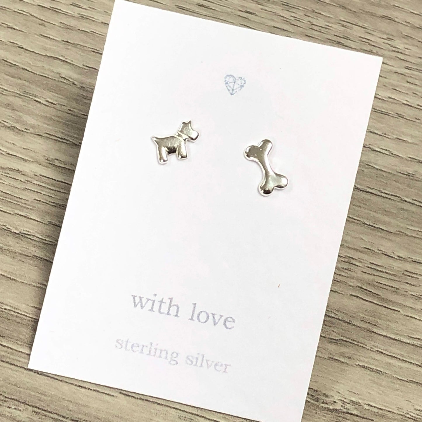 Dog and bone sterling silver stud earrings