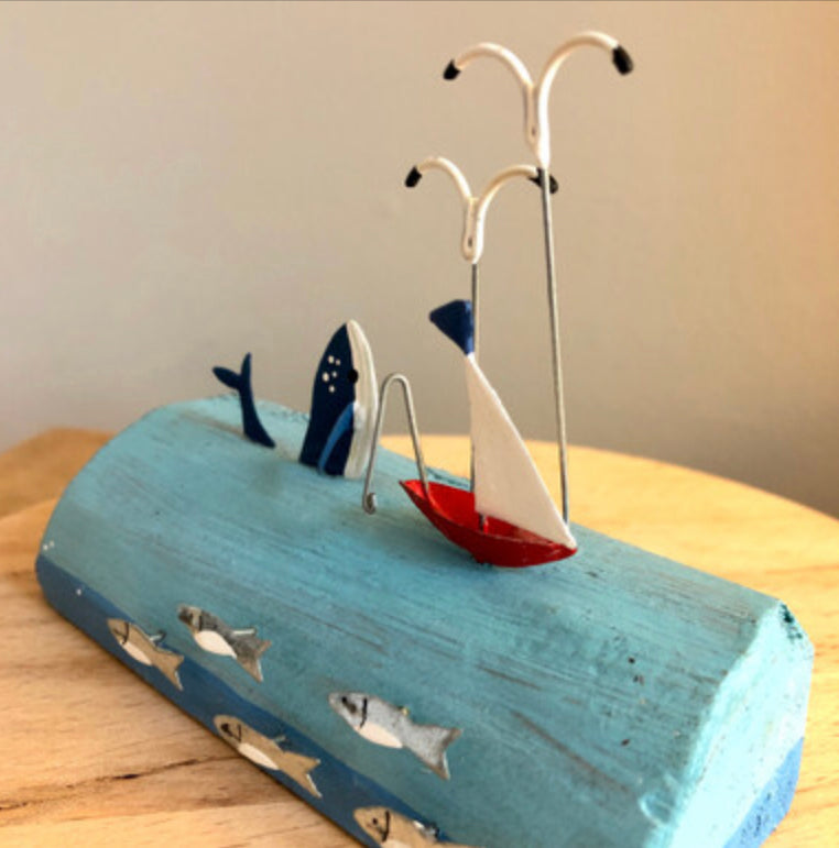 Breaching whale scene with fishing boat ornament by Shoeless Joe