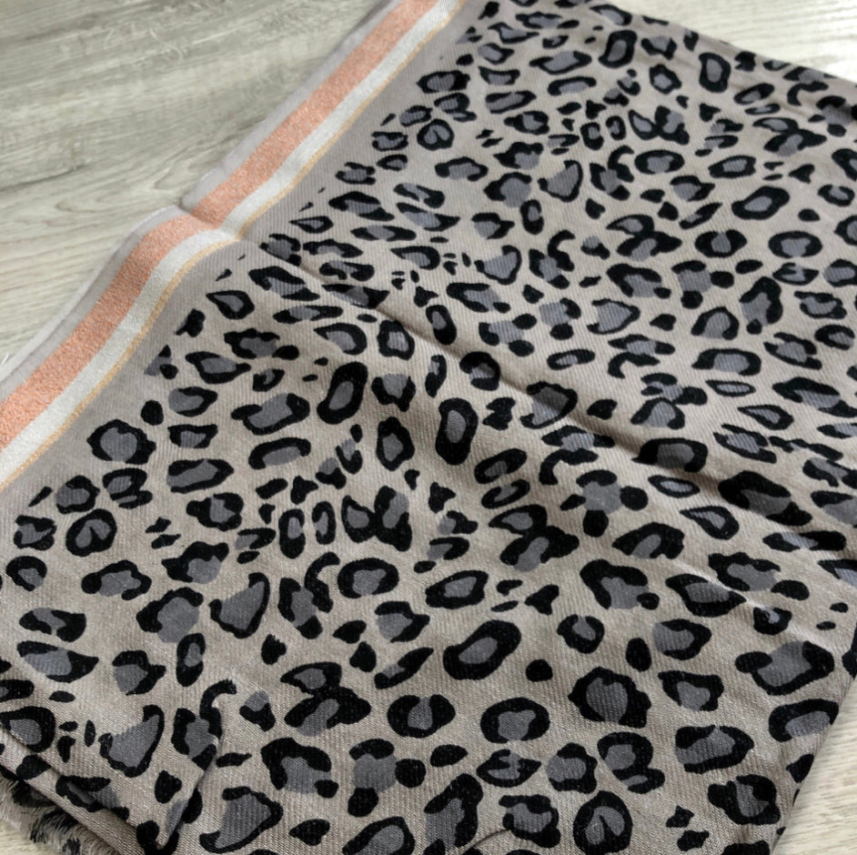 Grey and pink leopard print scarf by piece of mind