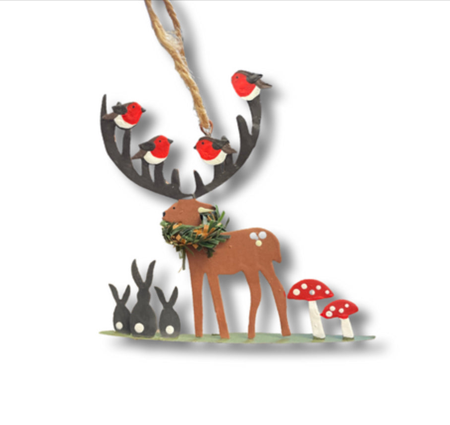 Stag with robin friends hanging Christmas decoration by Shoeless Joe