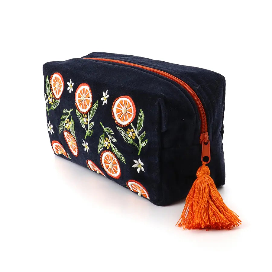 Navy velvet oranges washbag