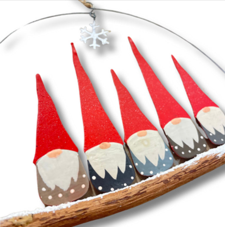 Five festive gnomes hanging decoration by Shoeless Joe