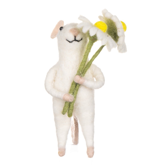 Felt mouse with bunch of daisies. Shoeless Joe